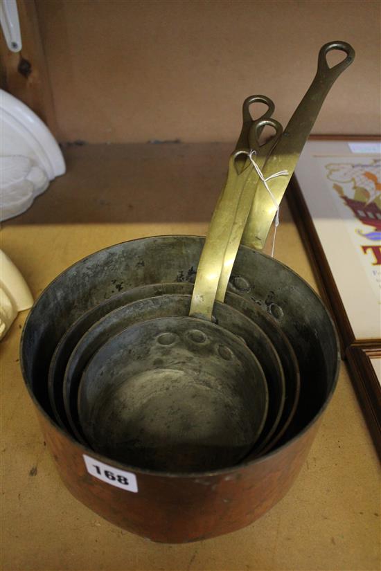 4 French tin lined copper pans & cased set plated flatware